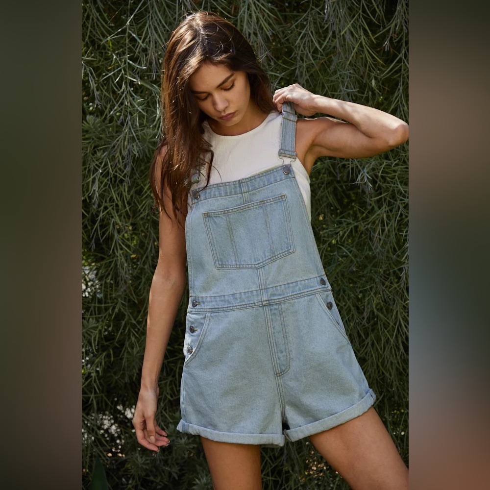 By Together light wash denim short overalls